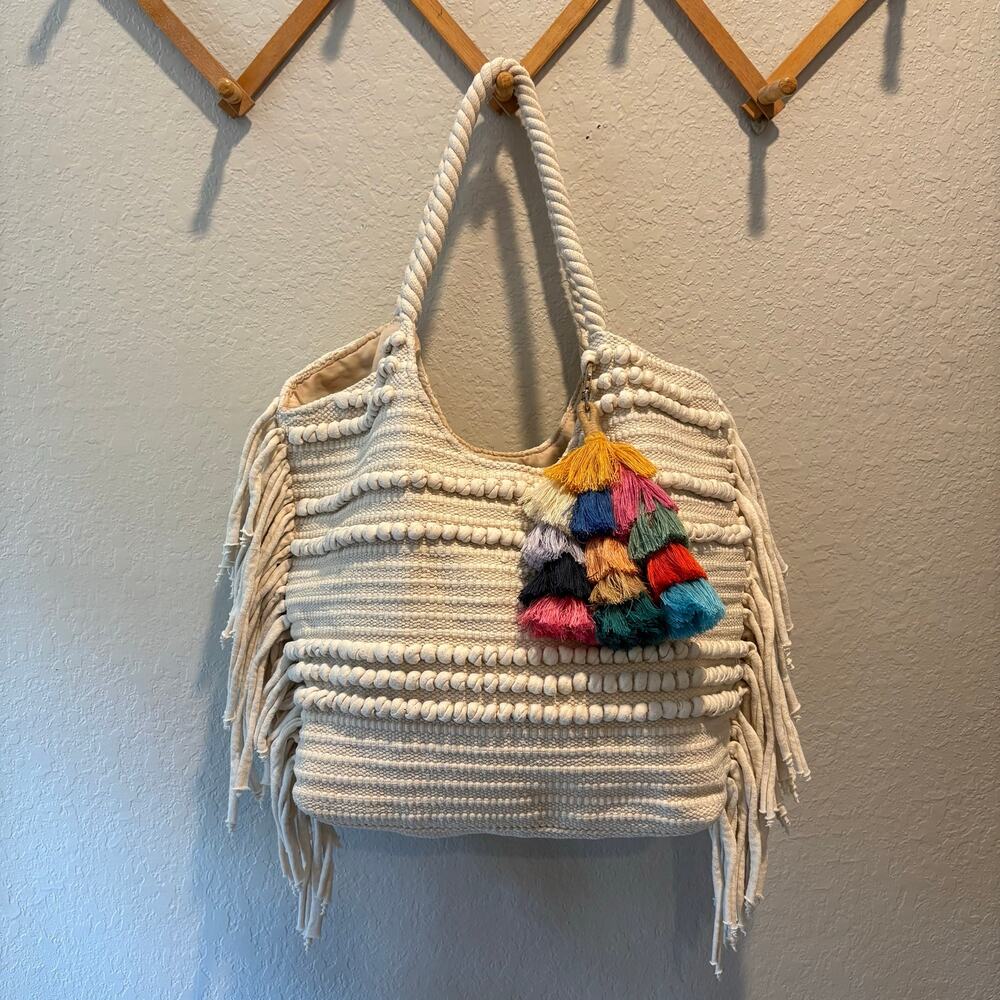 H&M Fringe Shoulder Bag Purse Tote Cream w/Colorful Tassel Charm Macrame Cotton